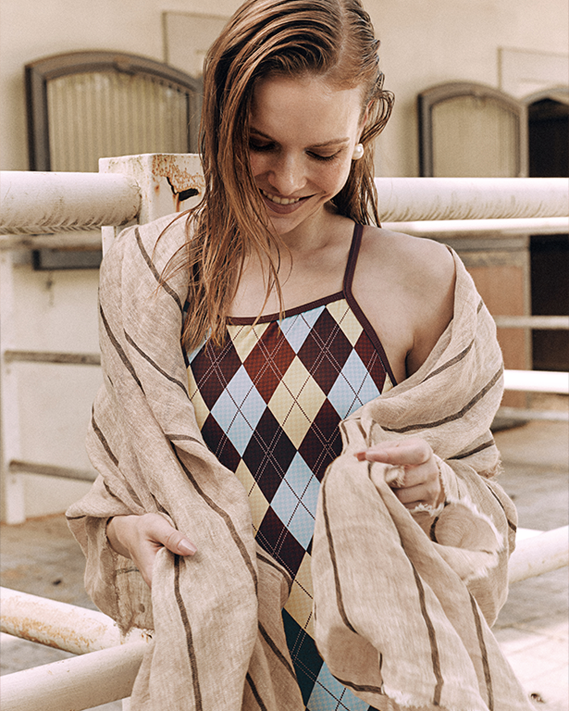 [SF3LST008] Pienza Argyle I-Back Swimsuit Burgundy